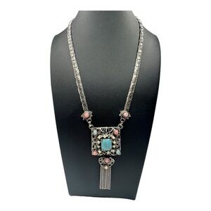 Vintage Etruscan Choker Necklace Tassel Heart Silver Tone Unsigned MCM Statement